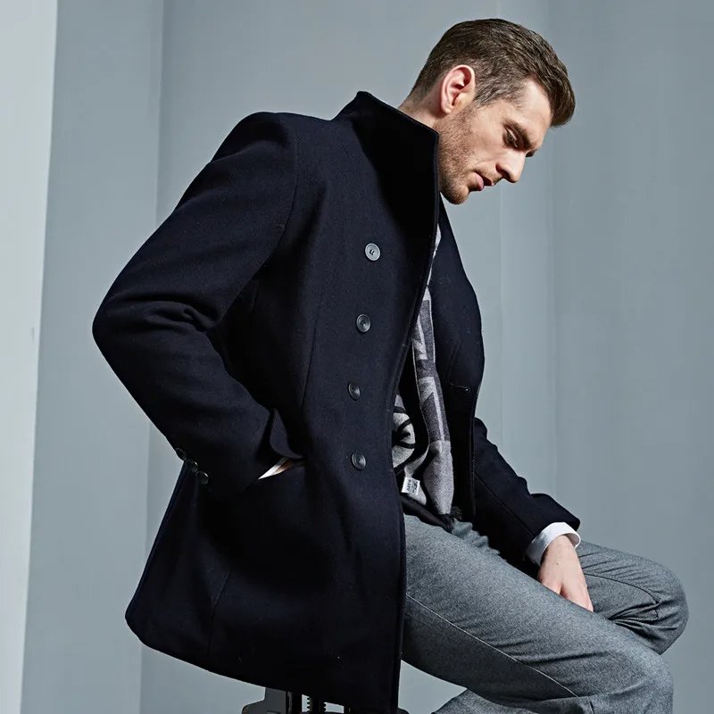 Classic Autumn Winter Solid Color Woolen Coat Men's Business Casual Slim Mid-Length 50% Wool Windbreaker Outwear Overcoat Jacket