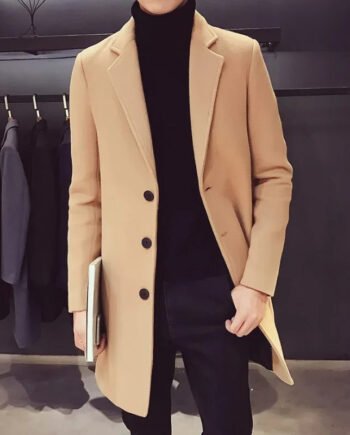 Men Long Cotton Coat 2023 Autumn Winter New Wool Blend Pure Color Casual Business Fashion Slim Windbreaker Jacket Men Clothing