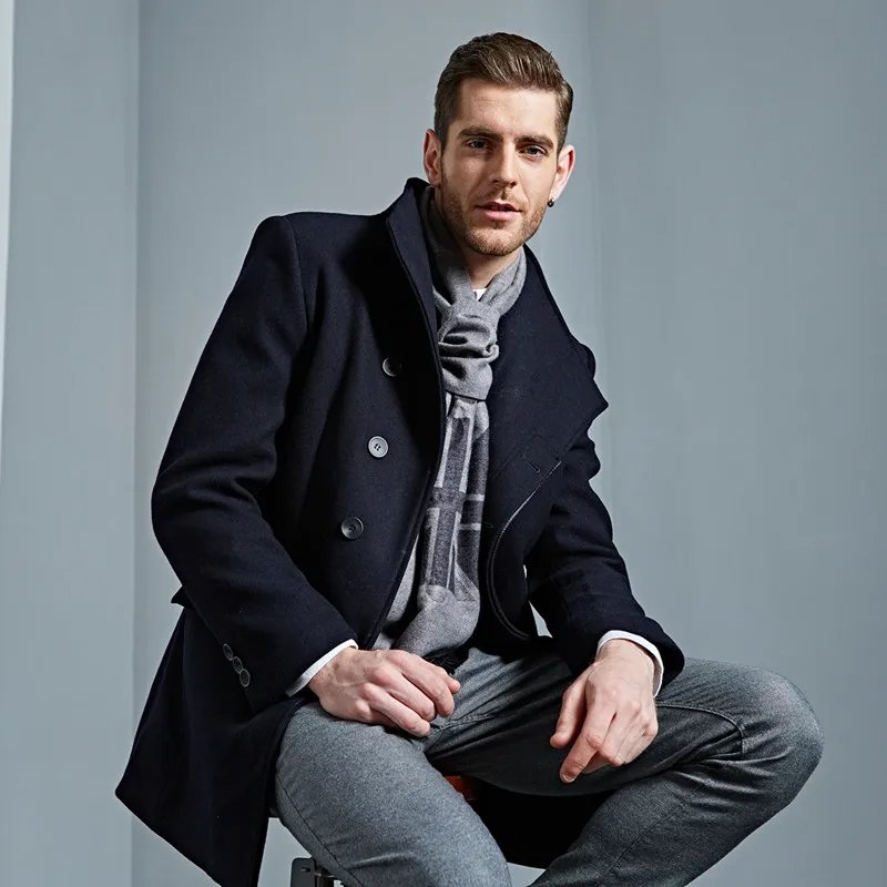 Classic Autumn Winter Solid Color Woolen Coat Men's Business Casual Slim Mid-Length 50% Wool Windbreaker Outwear Overcoat Jacket