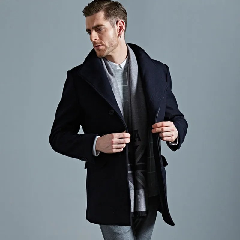 Classic Autumn Winter Solid Color Woolen Coat Men's Business Casual Slim Mid-Length 50% Wool Windbreaker Outwear Overcoat Jacket