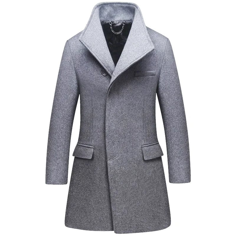 Classic Autumn Winter Solid Color Woolen Coat Men's Business Casual Slim Mid-Length 50% Wool Windbreaker Outwear Overcoat Jacket
